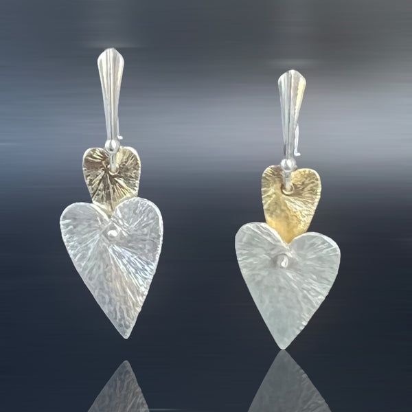 Two Tier Heart Shape Gold and Silver Dangle Earrings