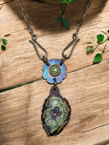Enamel Green, White, Purple, Titanium and Steel Necklace