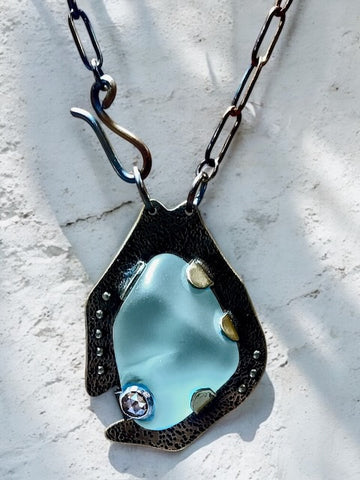 Sage Sea Glass and Bronze Necklace