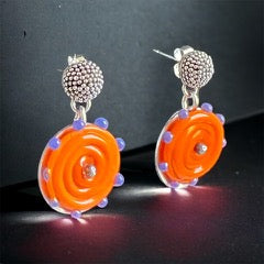 Short Post Drop Lamp Glass and Sterling Silver Earrings