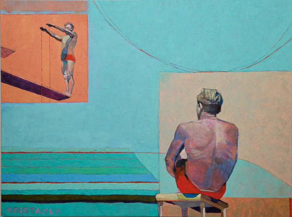 oil on canvas Diver I is a 30x40 canvas depicting two divers, one set to do a backdate while the other watches from afar