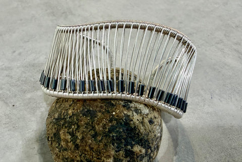 Sterling Silver Wave Cuff Bracelet with Medium Hematite Tubes