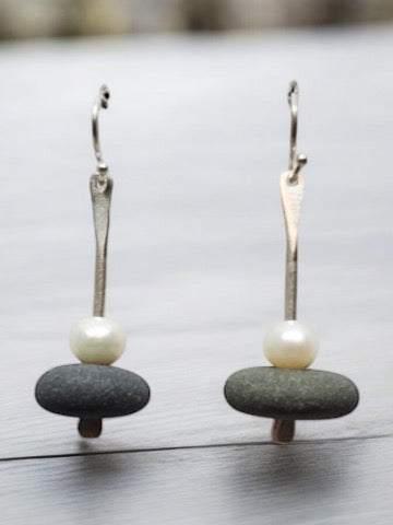 Sterling Basalt Drop Earrings with Pearls