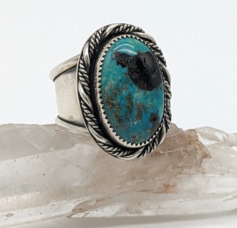 turquoise stone set in sterling silver ring al handmade with sheets of silver by Ashley Wix