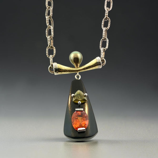 Mandarin Garnet Necklace with Sphene, Pearl, and 18k gold.