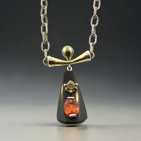 Mandarin Garnet Necklace with Sphene, Pearl, and 18k gold.
