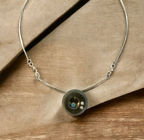 Wave Necklace with Basalt Stone and Topaz