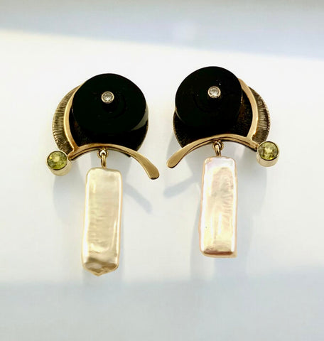 Diamond, Coral, Pearl, Sphene Earrings