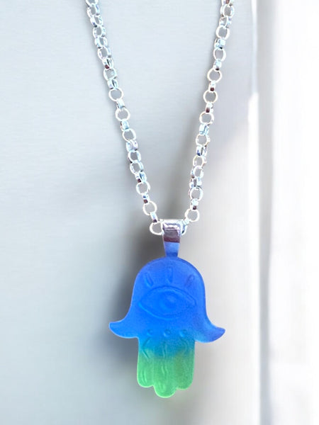 NEW- Hamsa Cobalt/Green Blend Glass Necklace