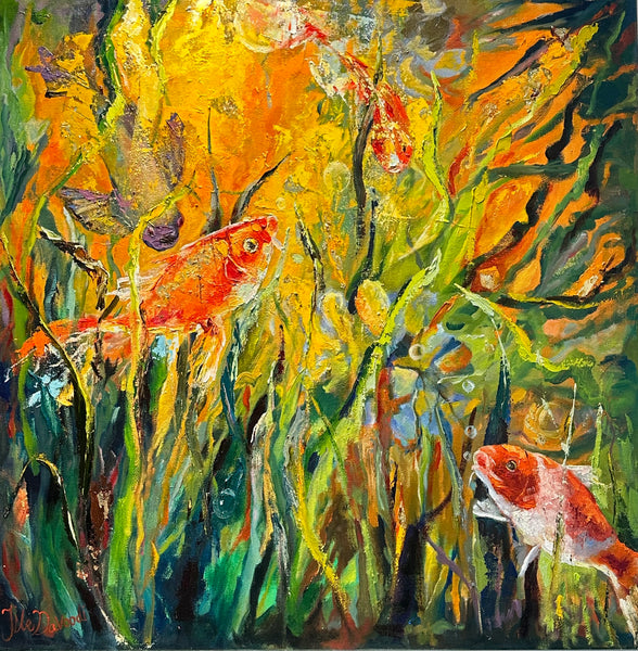 oil painting of underwater coral reef with coy fish, gold leaf