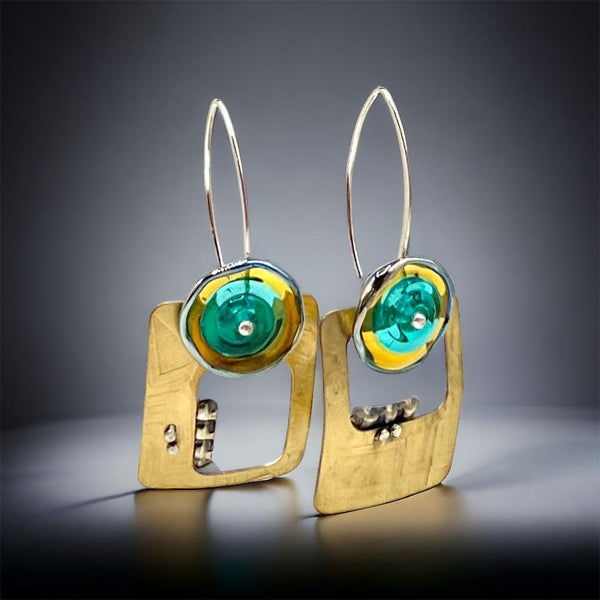 Contemporary brass, sterling silver and lamp work glass earrings
