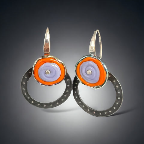 Steel Circle Earrings with Orange/Lavendar lamp work glass