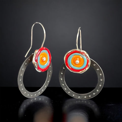 Circle Earrings with red, orange & teal lamp work glass