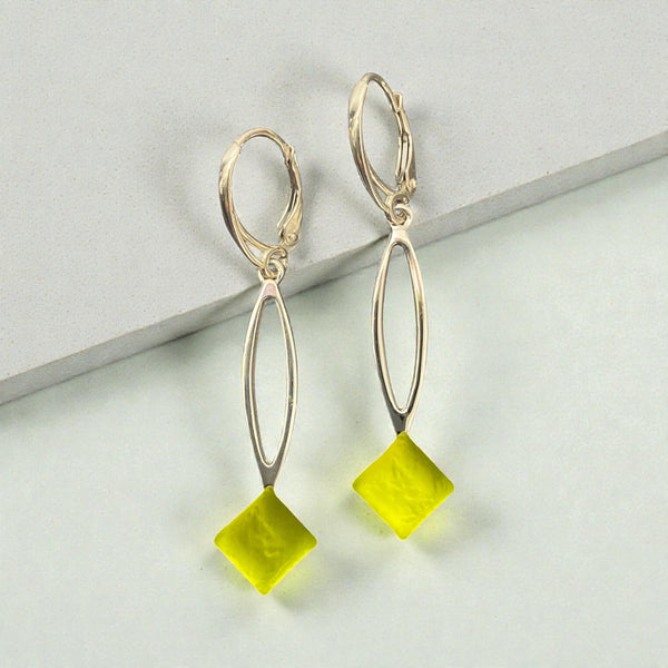 Chartreuse Hanging Diamond Glass Earrings