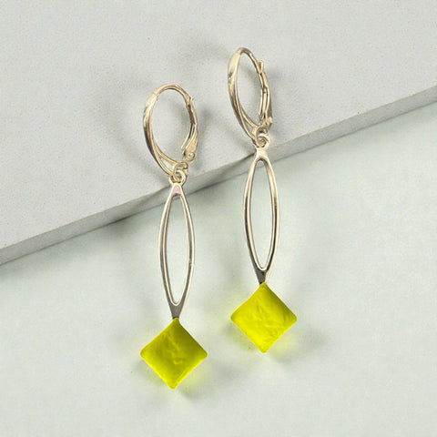Chartreuse Hanging Diamond Glass Earrings