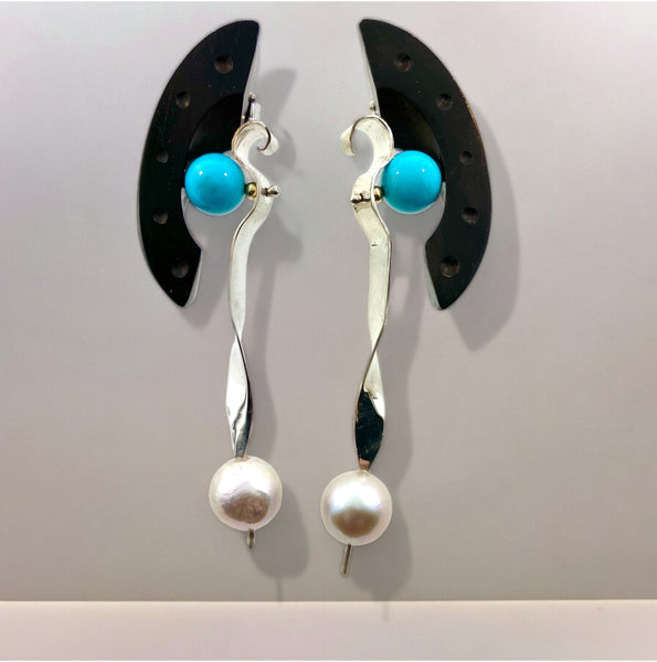 Sterling Silver Earrings with Turquoise, Pearl and Grenadilla Wood