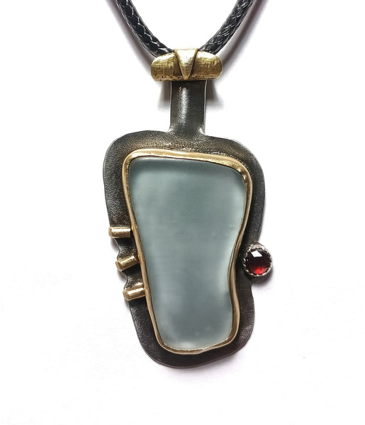 Sea Glass, Garnet and Bronze Necklace