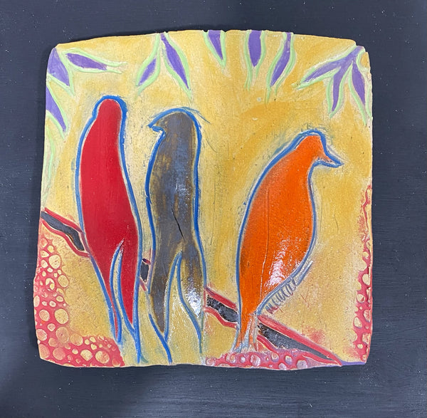 three birds in canopy red, green, orange ceramic tile