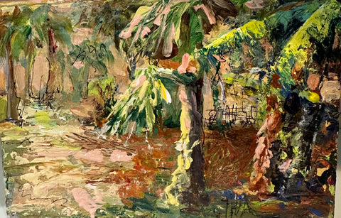 palms in the wind, thick brushwork with green, yellow and ochre tones