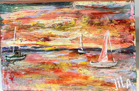 This acrylic painting features sailboats at a peaceful sunset. The textural brushwork provides a realistic, 3-dimensional effect, creating an immersive experience