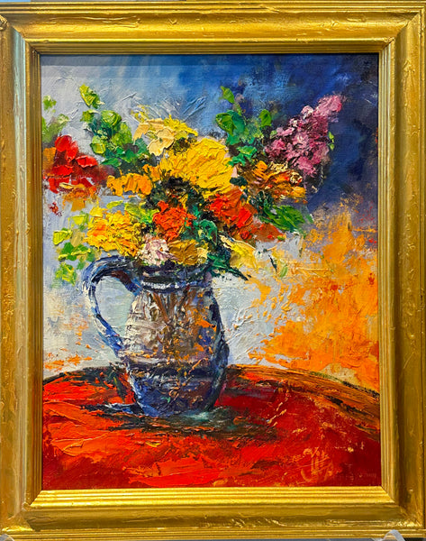 still life with flowers in a pitcher on a table with a red tablecloth. Blue, red and yellow tones