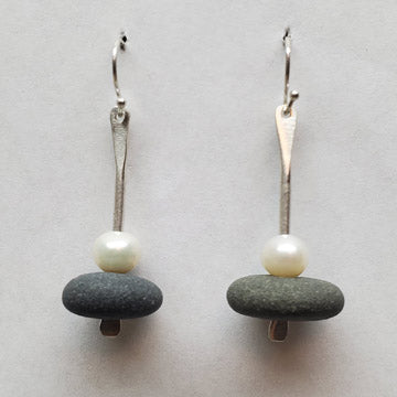 Sterling Basalt Drop Earrings with Pearls