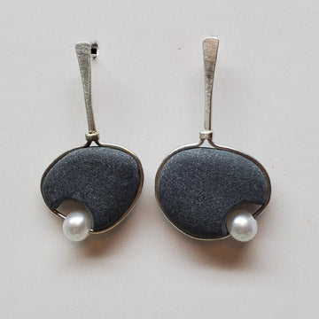 Bold Sterling Basalt Earrings with Pearls