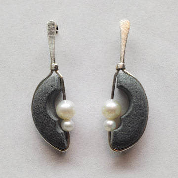 Half Moon Sterling Basalt Earrings with Pearls