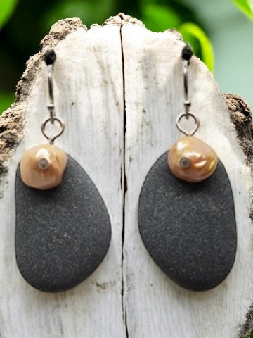 Sterling Basalt Earrings with Pearls