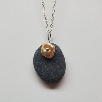 Basalt Stone Pendant with Pearl on Sterling Chain