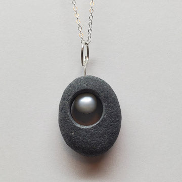 Sterling, Basalt Stone and Pearl Necklace