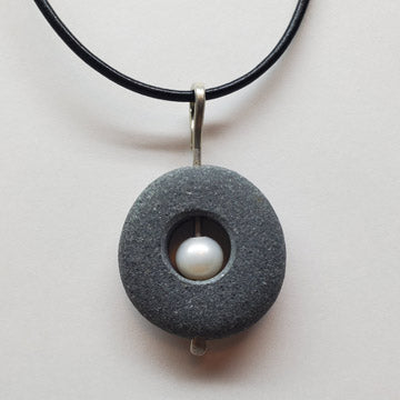 Sterling, Basalt Stone and Pearl Necklace on Leather Cord