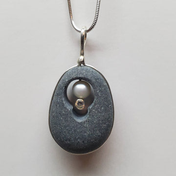 Sterling Basalt,White Sapphires and Pearl Necklace