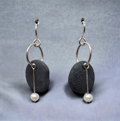 Basalt Sterling Earrings with Drop Pearl