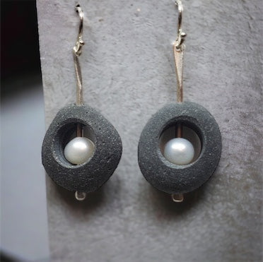 Basalt Earrings with Pearls & hand hammered sterling