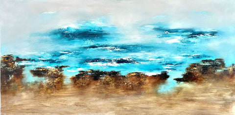 blues, brown and sandy colors reveal an abstract painting by Karen Taddeo that elicits a rocky beach with a watery view. just lovely