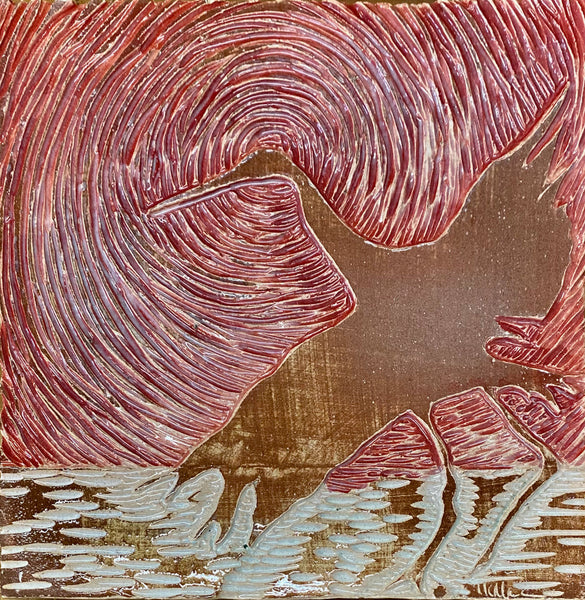 carved tile heron in flight red background