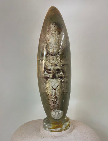 cast glass sculpture in gold of Javanese Goddess, Devi Sri, hand made by glass artist Susan Gott