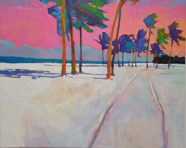 oil on canvas painting of palm trees along a beach with wind blowing them from the left hand side. white sands, pink, orange and blue sky, purple, blue and green palms