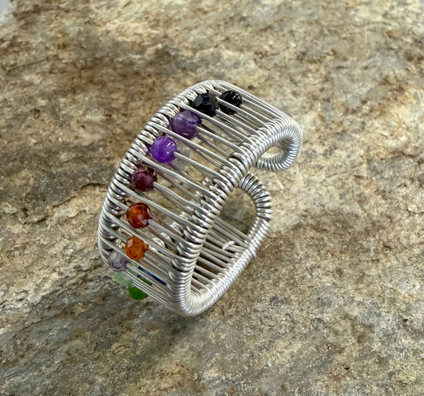 Sterling Silver Ring with Rainbow Faceted Stones