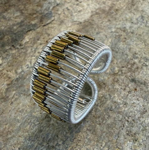 Sterling Silver Ring with Gold Niobium Plated Hematite Tubes