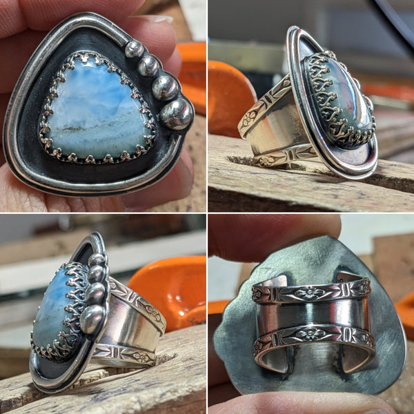 handcrafted Larimer seascape stone ring using sterling silver. size 6.75