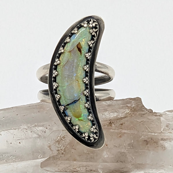 Opal moon ring crescent shaped with sterling silver band, hand crated by Ashley Wix