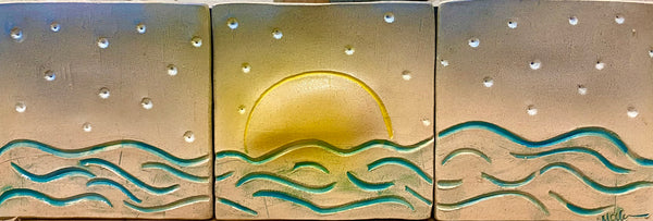 sun over water on starry night handmade tile