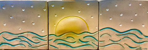 sun over water on starry night handmade tile