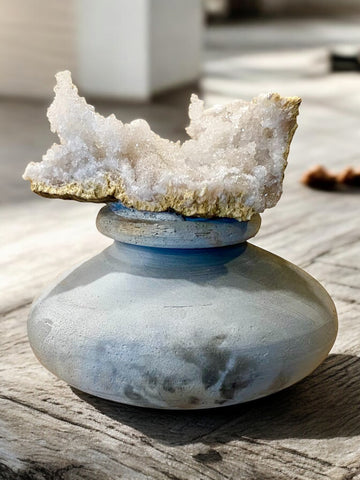 saggar fired vessel with snow quartz lid earth tones