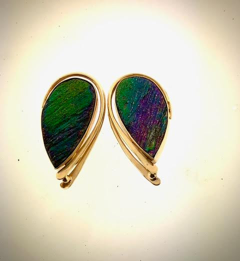 rainbow hematite earrings with forged gold around the edges and clip-backed post earring lock