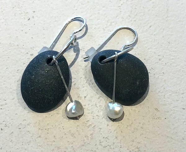 Oval Basalt Stone Earrings with Freshwater Pearls