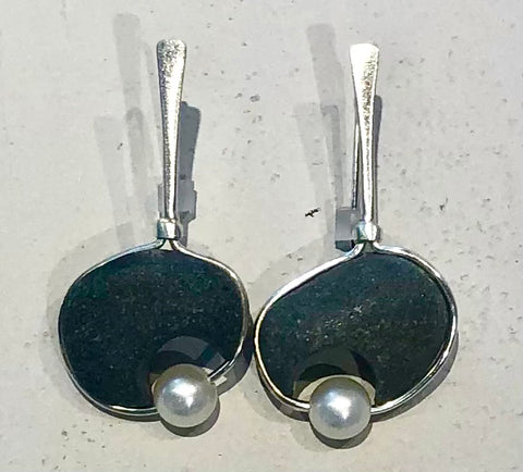 elegant basalt earrings with pearls and hand hammered silver accents. handcrafted