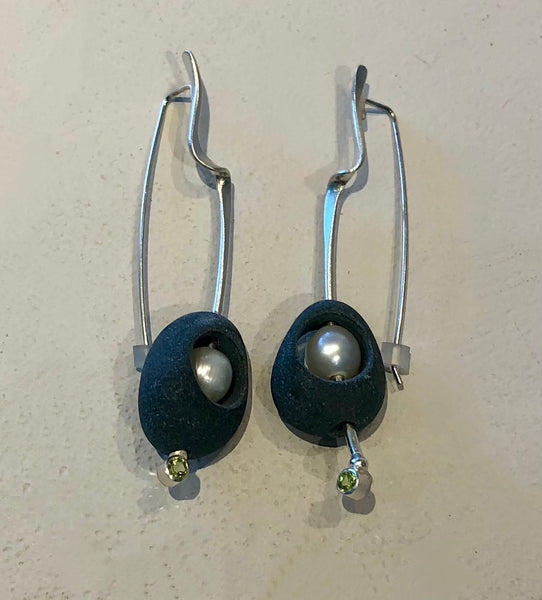 curved sterling silver earrings with peridot, basalt stone and pearls